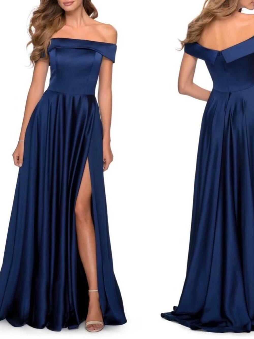 NEW LA FEMME Navy OFF THE SHOULDER Side Slit EVENING DRESS Satin BALL GOWN 10